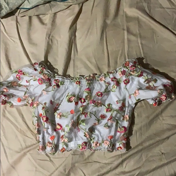 off the shoulder white mesh embroidered top - Picture 1 of 1